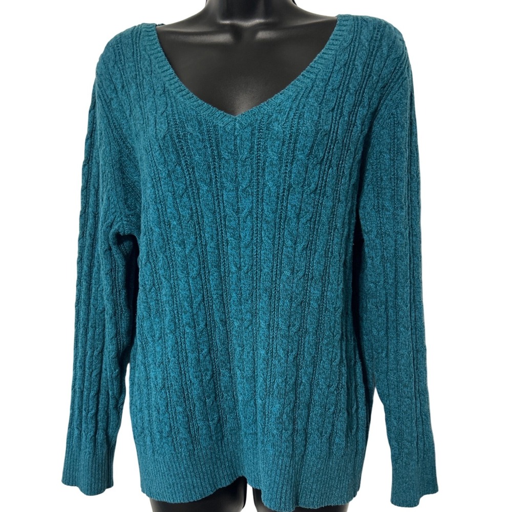 St Johns Bay Womens PXXL Teal Blue Cable Knit V-Neck Cotton Blend Sweater